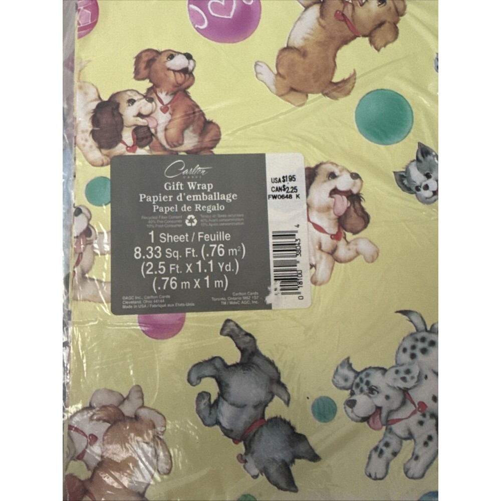 Vintage Carlton Cute Puppy Dog Birthday Gift Wrap Party Wrapping Paper USA NOS